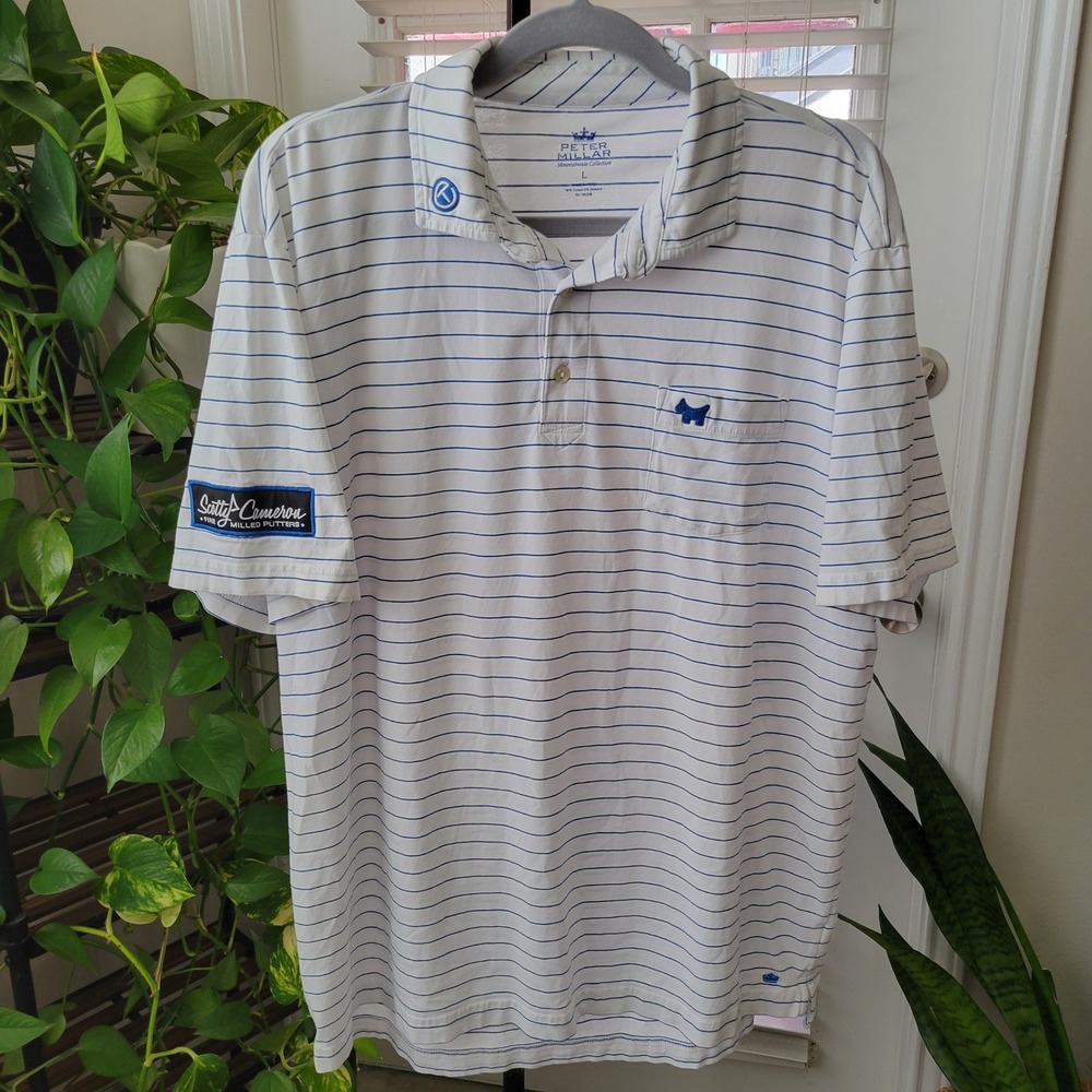 Peter Millar Scotty Cameron Striped Polo Shirt Mens Large White Blue Pocket Dog